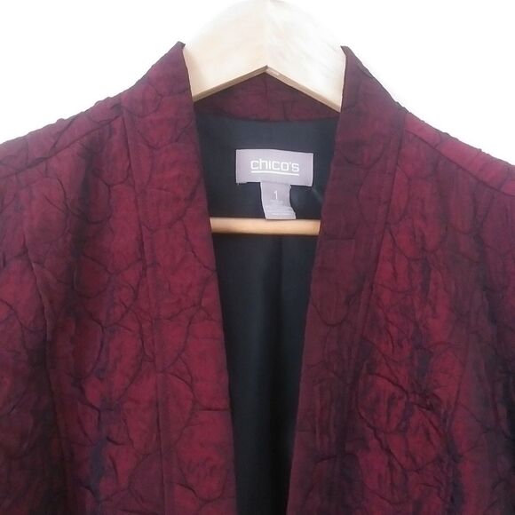 Chico's Iridescent Dark Red Open-Front Crinkle Satin Blazer, Chico's Size 1 - Picture 2 of 11